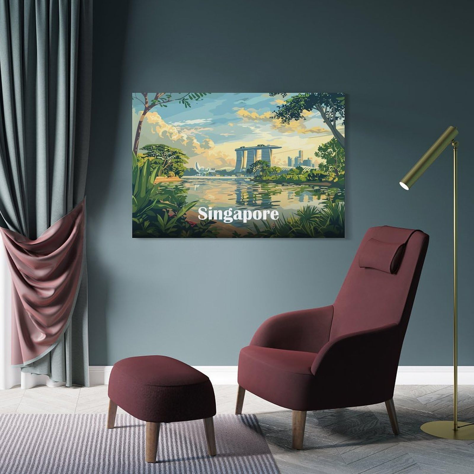 Junmoney Frame-Style-17 Singapore Skyline Wall Picture Print, 24X36inch(60X90cm), For New Homes, Bedrooms Or Workspaces, Thoughtful Wall Decor For Art Lovers