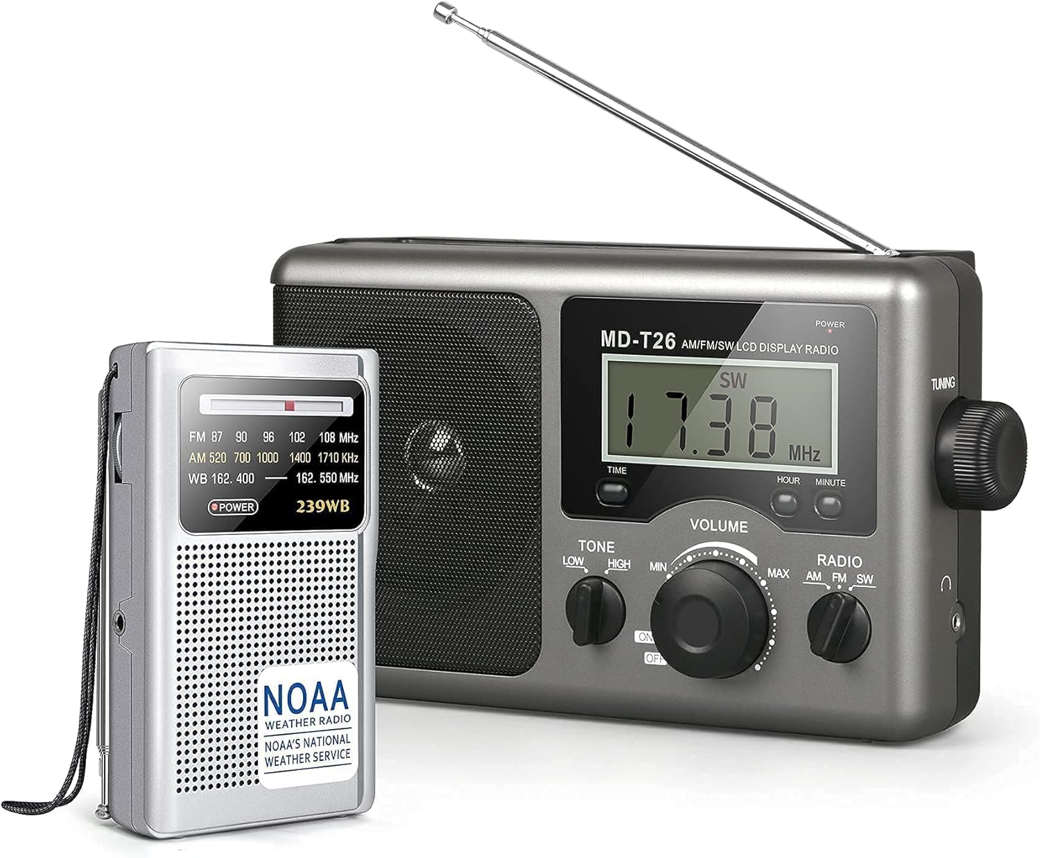 Greadio Portable Shortwave Radio,AM FM Transistor Radio with Best Reception,LCD Display,Time Setting,Battery Operated by 4 D Cell Batteries or AC Power,Earphone Jack for Gift,Elder,Home(Grey+Silver)