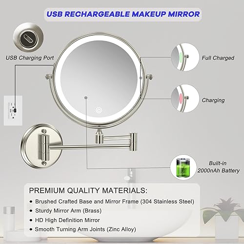 Miniatura 2 de LEDOOLE Espejo de maquillaje con luz montada en la pared, espejo de tocador con aumento de doble cara de 8 pulgadas, protección de sobrecarga USB, 3