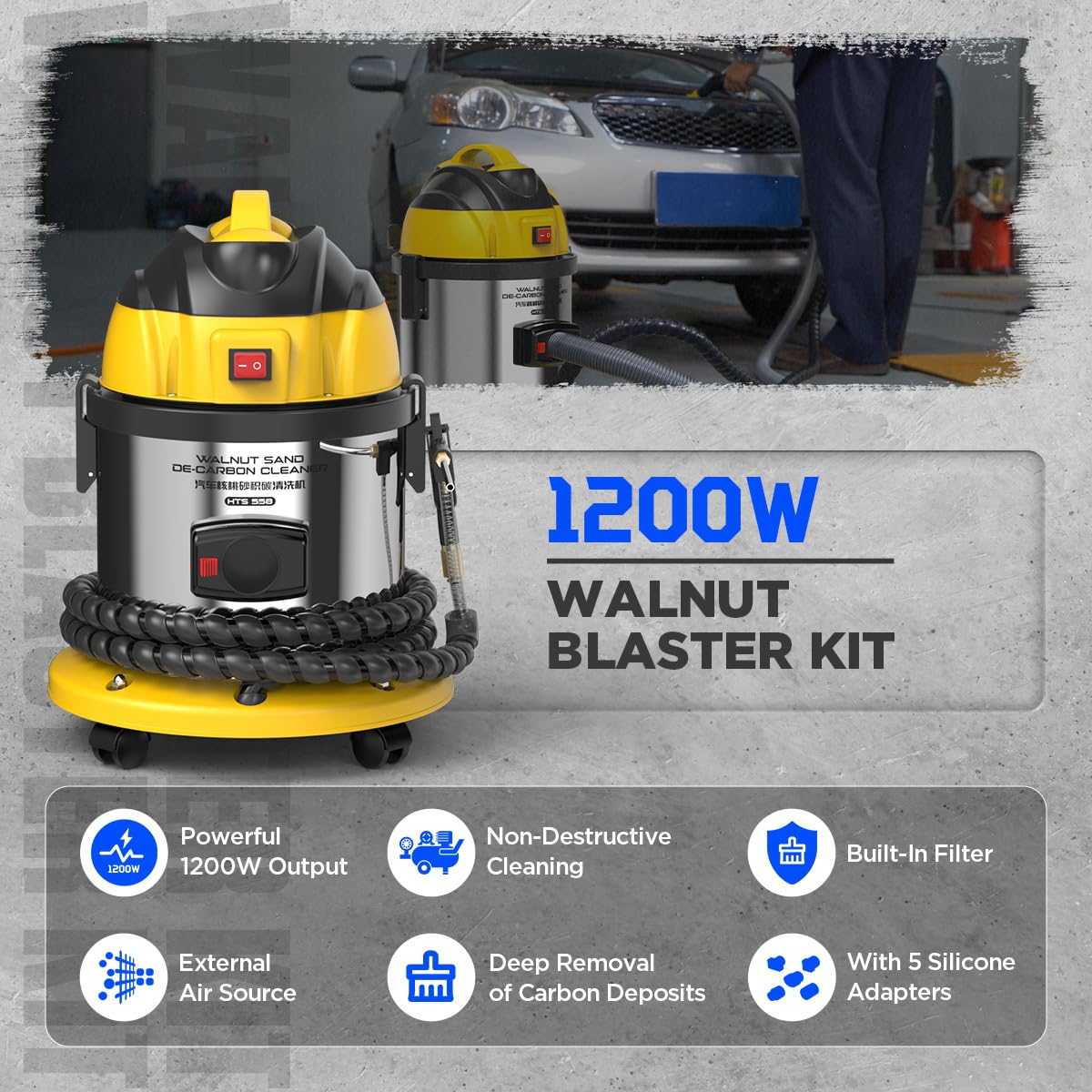 CMTOOL Walnut Blaster Kit for Carbon Cleaning, 1200W Car Carbon Cleaning Tool with 2kg Walnut Sand, Automotive Engine Exhaust Intake Valve Cleaner Machine, HTS558