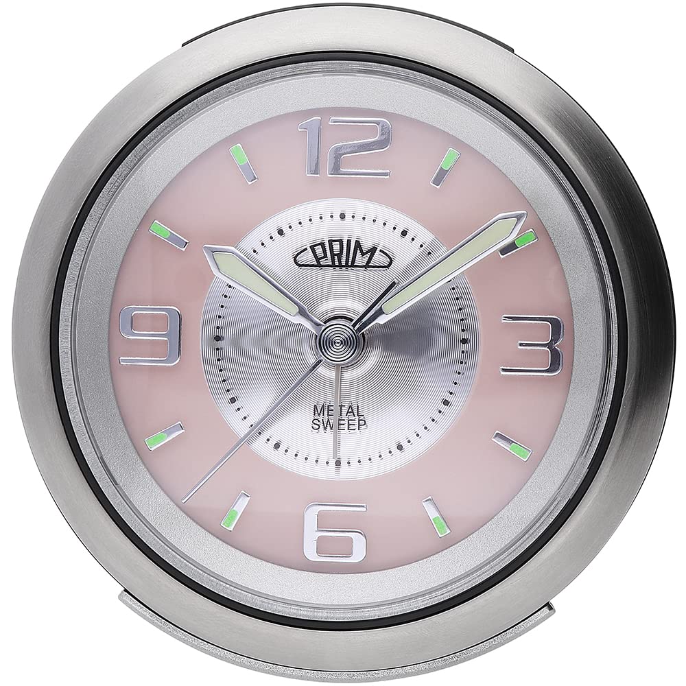 Prim Reloj Despertador analógico de Acero con LED, sin tictac, analógico, Retro, Grande, silencioso, analógico, Funciona con Pilas, Alarma de repetición de Alarma, Color Plata/Rosa, pequeño/Normal