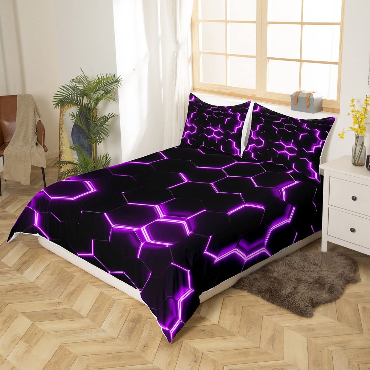 Boys Honeycomb Bedding Set for Kids Men Girls Modern Hexagon Theme Comforter Cover Purple Neon Decor Duvet Grid Art Bedspread Bedroom Collection 3Pcs Super King - Image 3