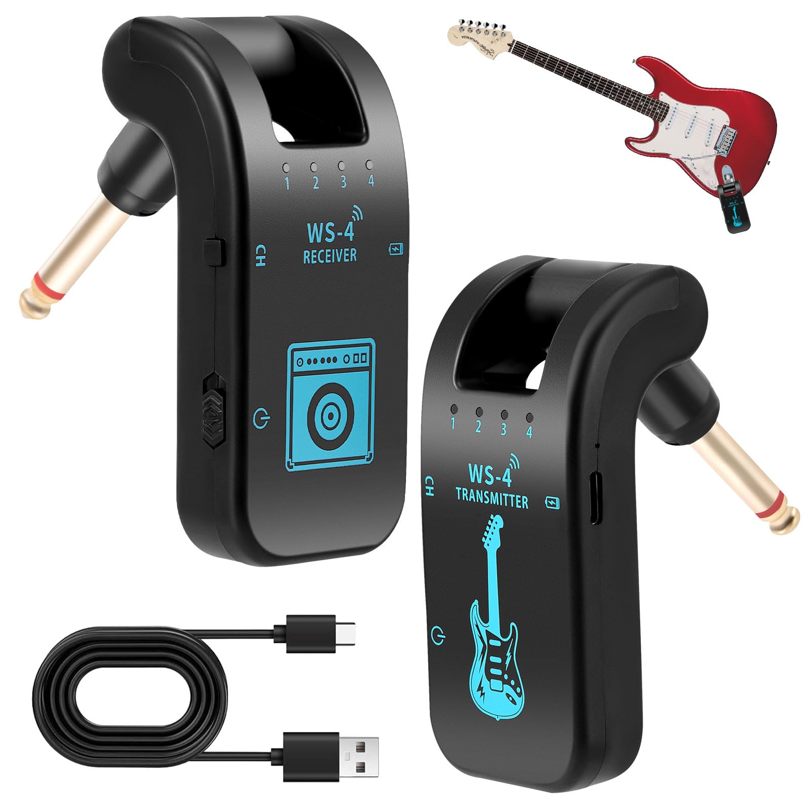 Système de guitare sans fil 2,4 GHz 8 canaux rechargeable audio sans fil émetteur récepteur pour guitare électrique, basse et instruments à vent électriques