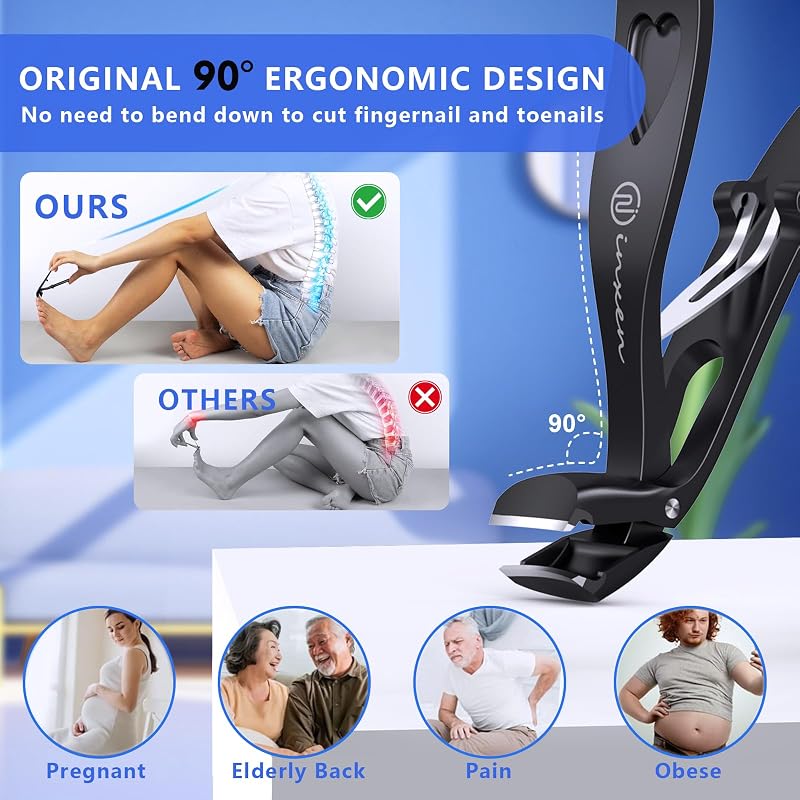 INXEN Ergonomikus Körömvágó Szett Időseknek - 3 Darabos Vastag Lábköröm Vágó Széles Nyílással és Gyűjtőtartállyal