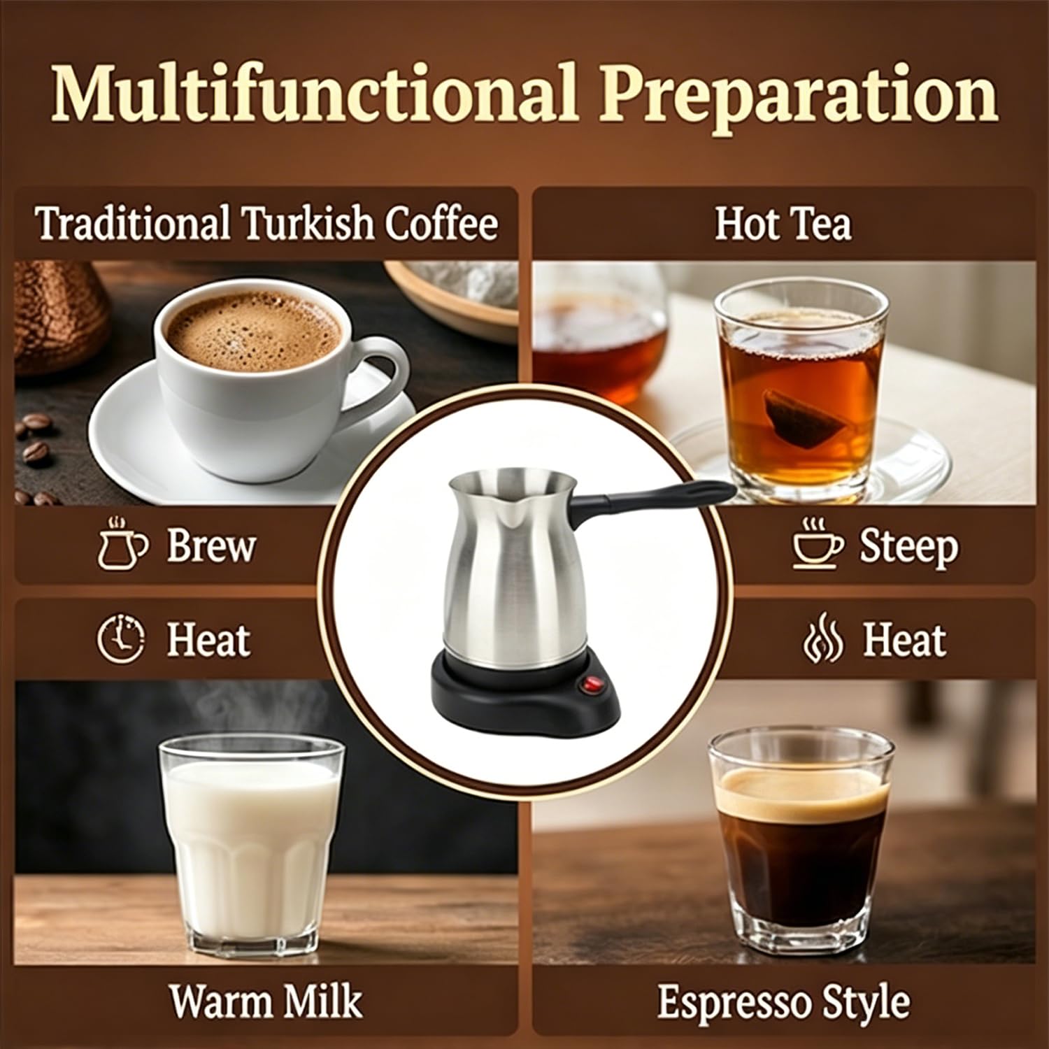 Cafetera turca eléctrica multifuncional para café expreso, tetera, leche y té, 600 W, acero inoxidable, con doble protección, mango ergonómico anti-escaldaduras, para fiestas (Enchufe de la UE)