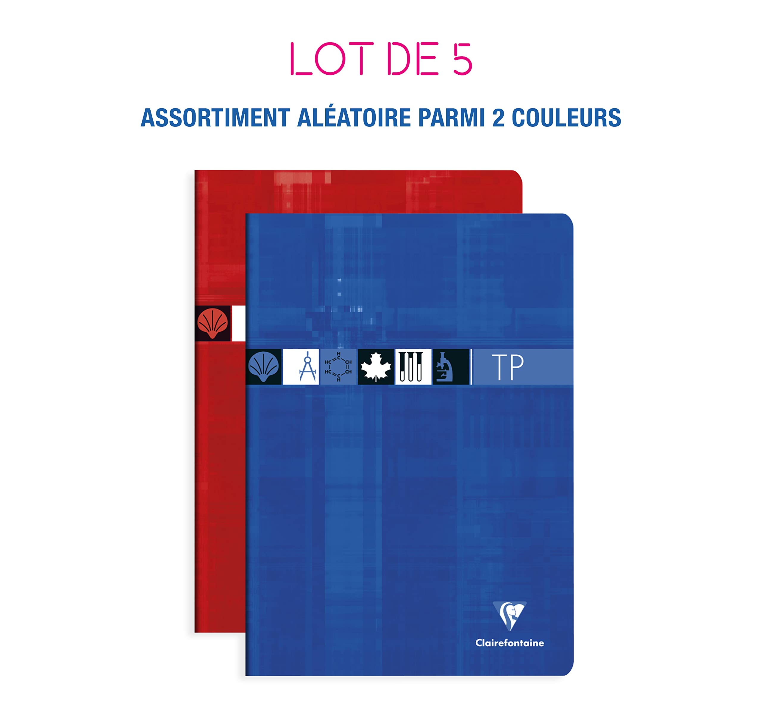 Clairefontaine 3147C Lot de 5 Cahiers Agrafés de Travaux Pratiques - A4 21x29,7 cm - 120 Pages Grands Carreaux 90 g et Unies 125 g - Couverture Carte Pelliculée - Couleurs Aléatoires