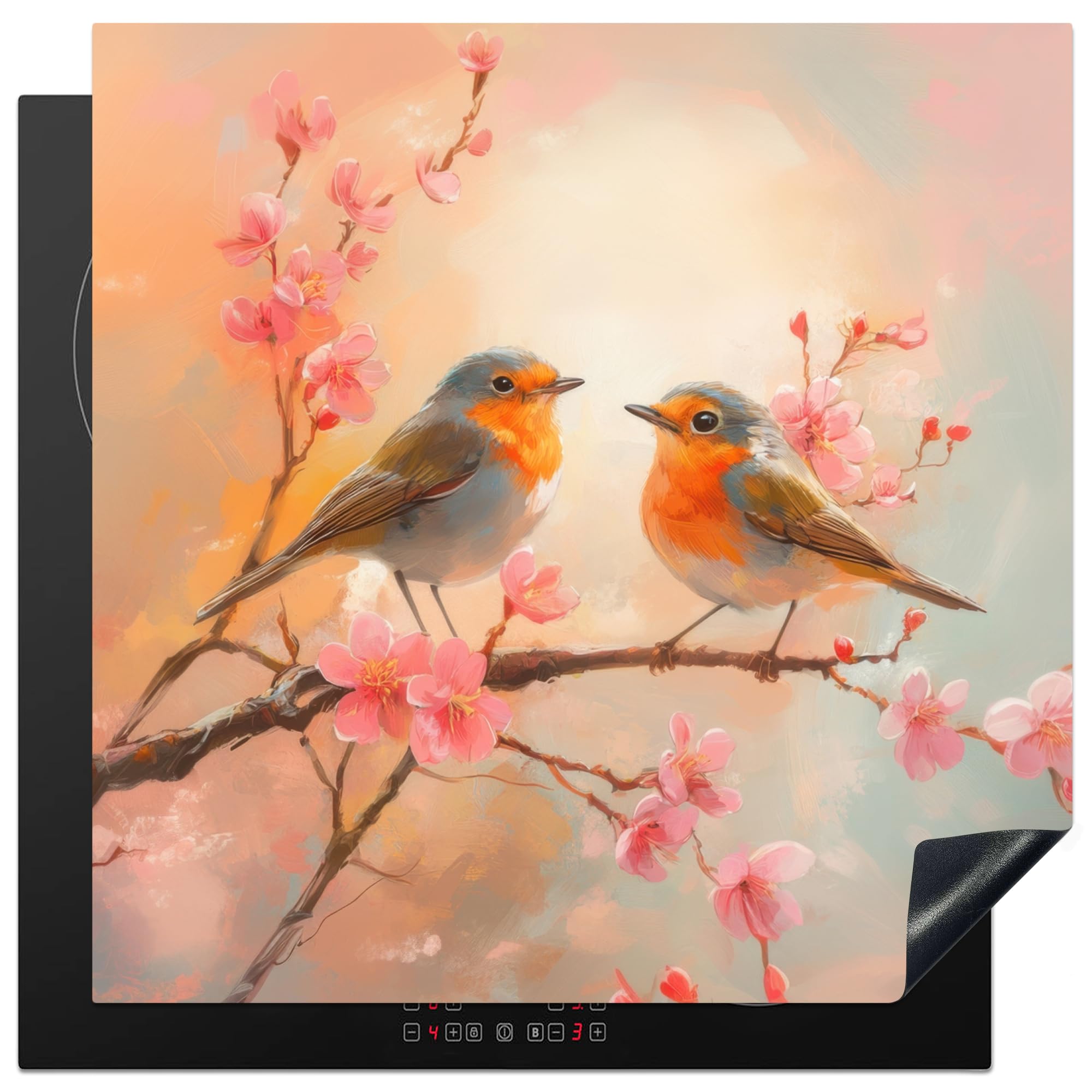 KitchenYeah© Induction Hob Protector Mat 30.7"x30.7" / 78x78 cm Cooker Top Protectors Cover Ceramic Covers Electric Hobs Vinyl Robins - Graceful - Blossom Branch
