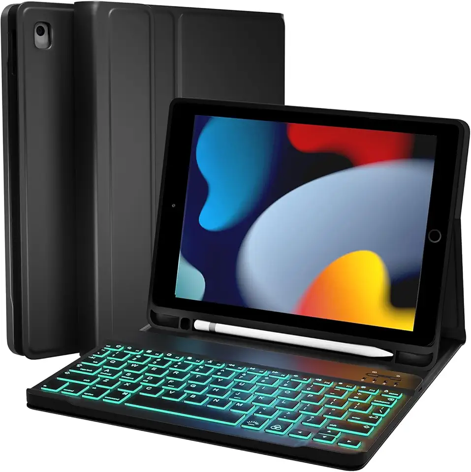 Capa iPad 7a, 8a e 9a Geração 10.2'' com Teclado e Compart para Pencil, Ajustável em 3 ângulos e Retroiluminação em 7 cores RGB, Antichoque