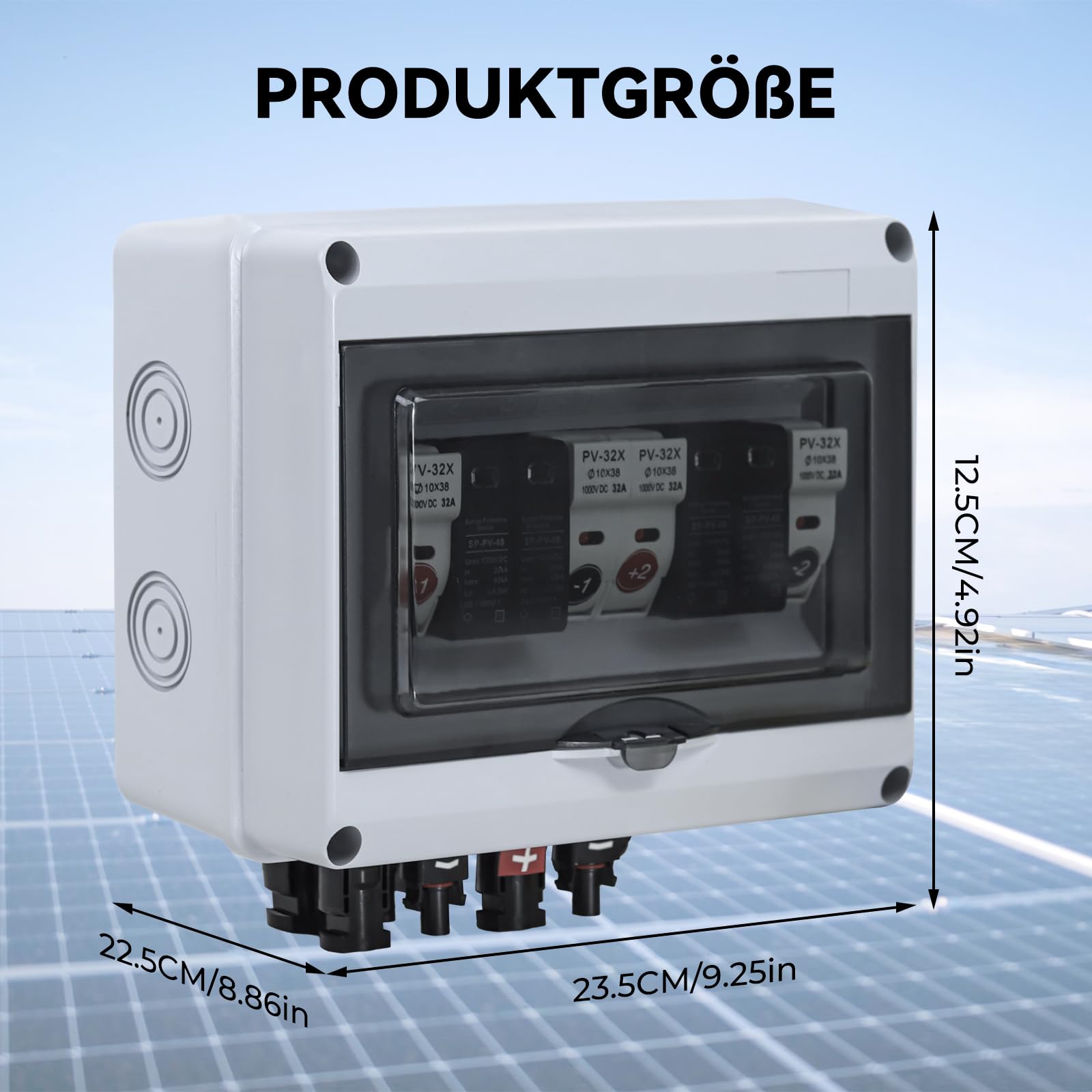 Solar PV Anschlusskasten Überspannungsschutz, 1000V 2-string 32A 2 in 2 out Solar Photovoltaik Combiner Box, IP65 Wasserdichtem Kunststoff- Verteilerkasten for den Außenbereich Sicherungsautomat
