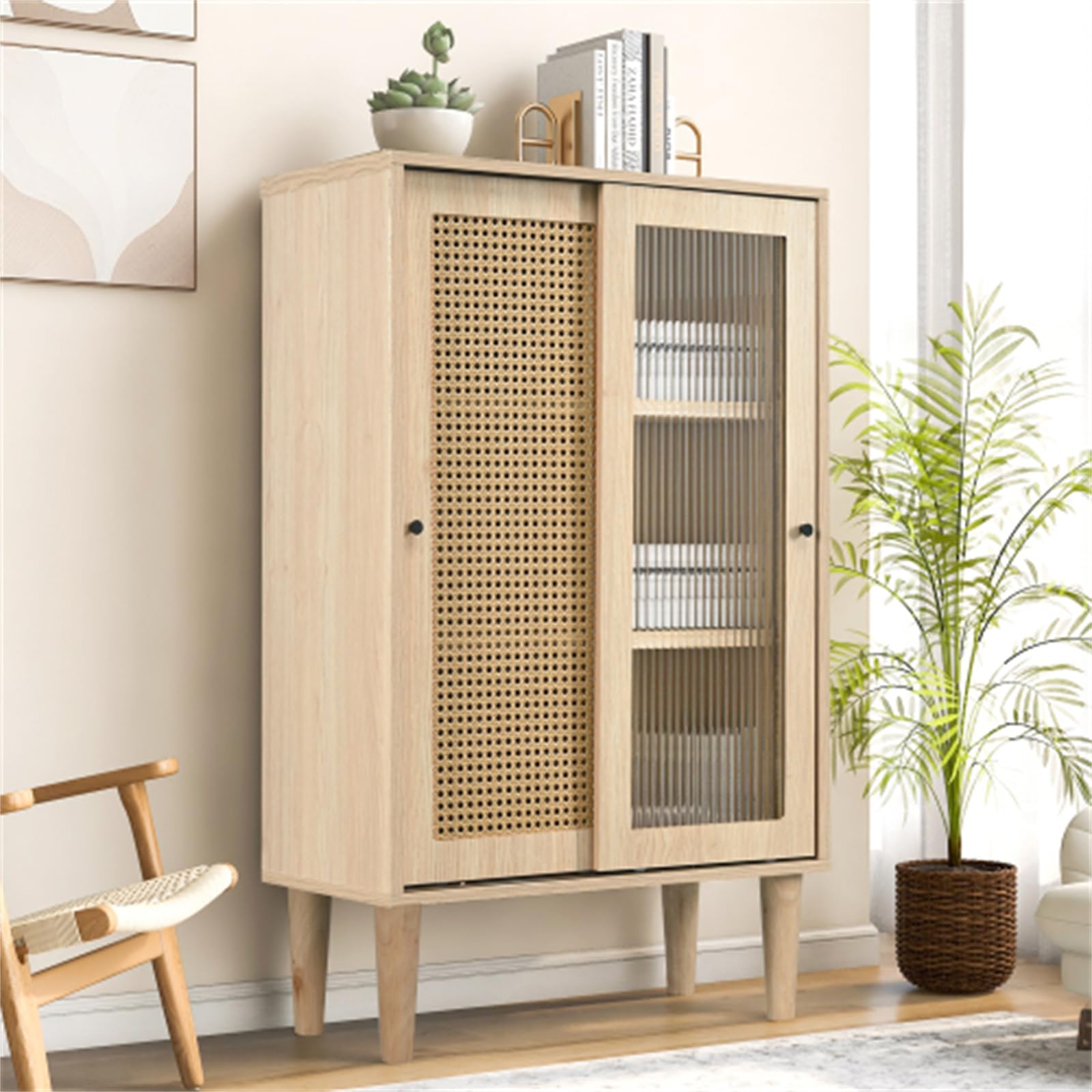 Credenza in Legno Alta 100 Cm con Anta in Rattan di Plastica E Anta Scorrevole in Vetro, Mobile da Ingresso con Spazio Multifunzionale per Riporre Oggetti
