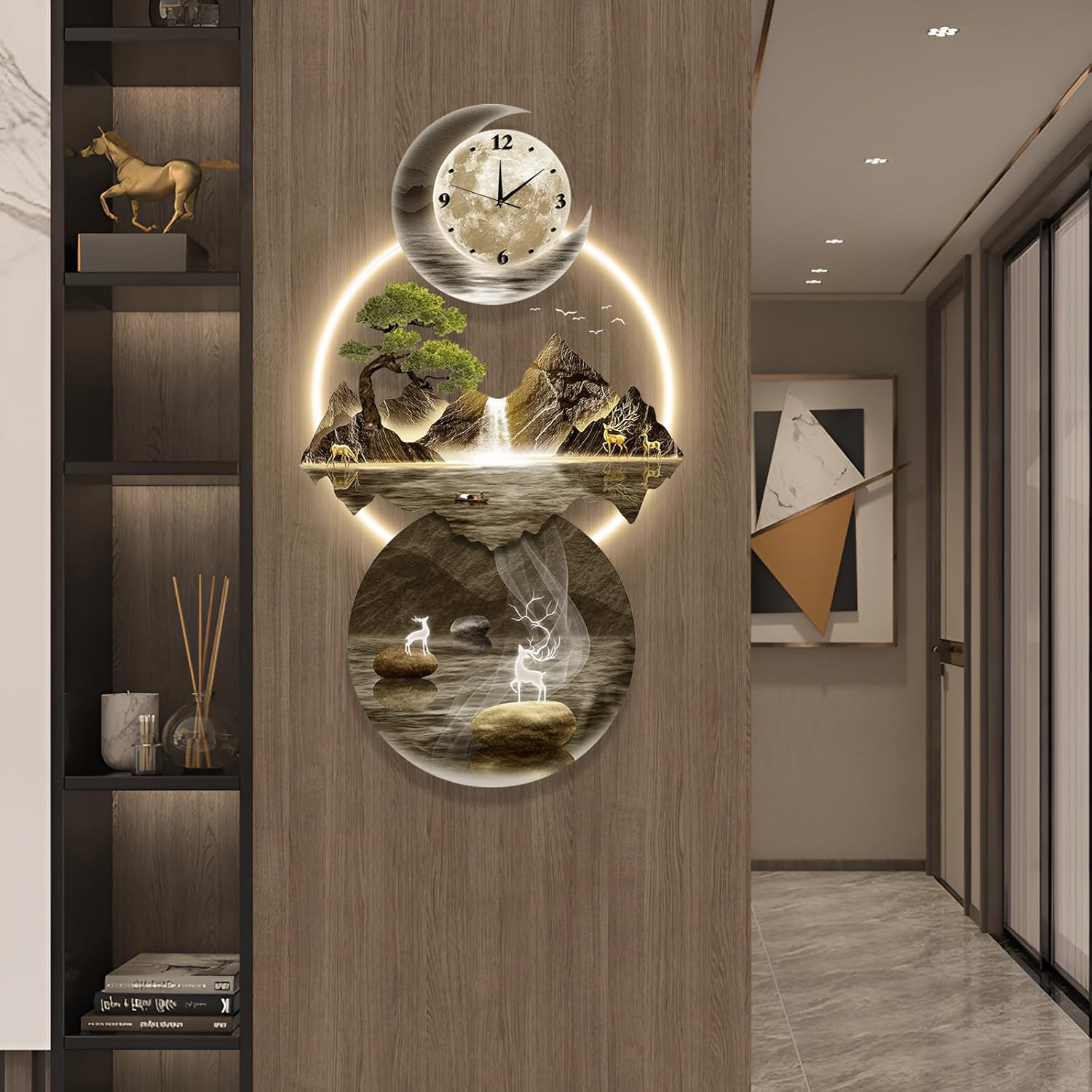 LED Light Art Wall Decor, 3D Art Wall Decor Clock, Decor Wall Sculptures with Lights, Modern Home Decor Landscape Wall Sculpture, Plug-in Power Supply, Gold C, 19x39IN