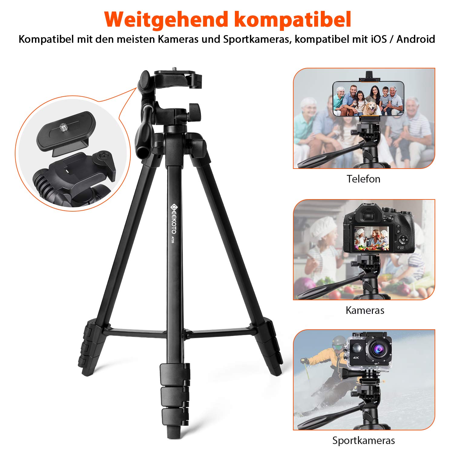 GEEKOTO Handy Stativ Ausziehbar, 54" Stativ für Smartphone mit 360-Grad-Panorama-Drehplattform und 1/4 Universal-Befestigungsschrauben für spiegellose/Gopro/DSLR-Kamera Schwarz