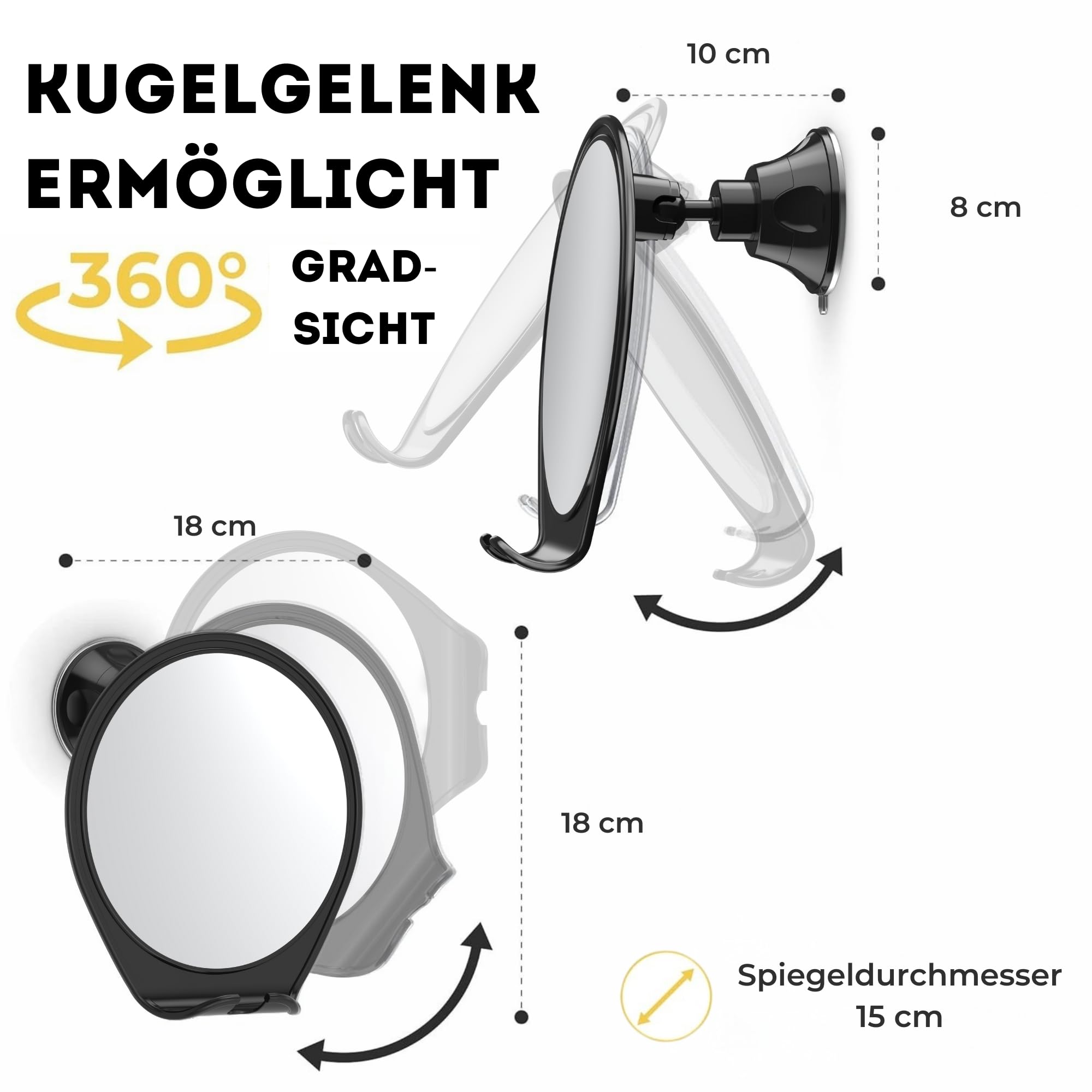 HONEYBULL Rasierspiegel für die Dusche ohne Beschlagen - mit Saugnapf, Rasierhalter & Drehfunktion, Kompakter Duschspiegel für das Badezimmer, Ideal zum Rasieren und Schminken, Schwarz