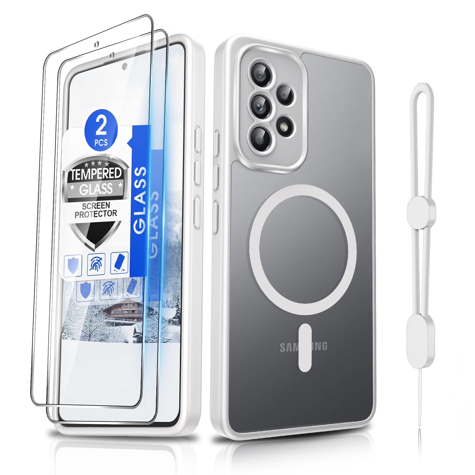 Dizn for Samsung Galaxy A53 Phone Case: with Tempered Glass Screen Protector [Compatible with MagSafe] with Strap, Matte Translucent Cover &amp; Military Grade Shockproof for A53, Funda para A53, White