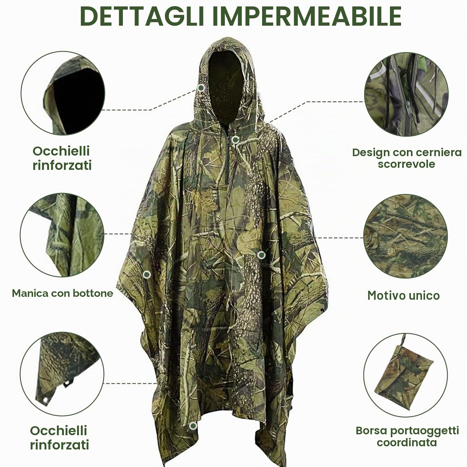 Poncho Impermeabile con Cappuccio, Mantella Antipioggia Impermeabile Uomo Donna, Poncho Antipioggia 3-in-1 Multifunzionale Riutilizzabile