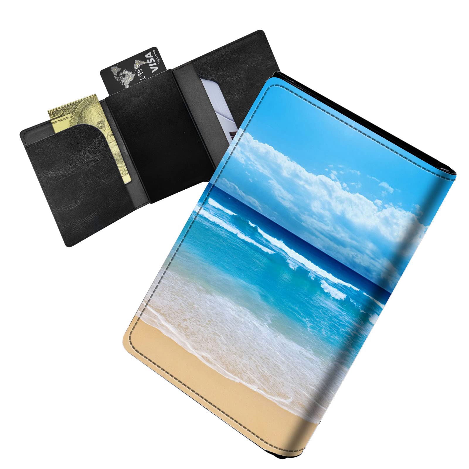 Dikoer Pop Up Card Wallet for Women Men Slim PU Leather Automatic Credit Card Holder Metal Money Clip Wallet RFID Blocking Bifold Pocket Wallet with Banknote Slot, Tropical Sea and Beach