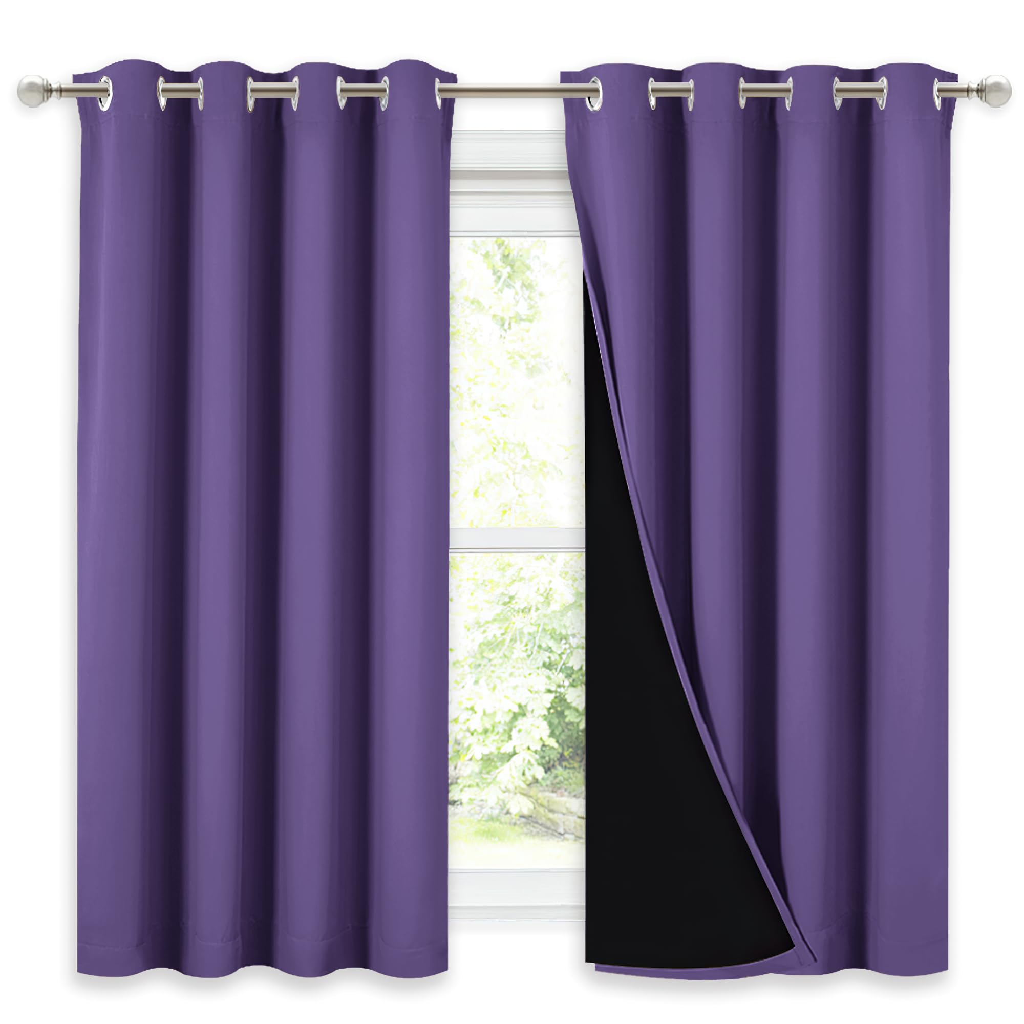 NICETOWN 100% Blackout Curtains with Black Liners, Thermal Insulated Full Blackout 2-Layer Lined Drapes, Noise Cancellation Window Drapes for Dining Room (Lilac Purple, 2 Panels, 52" W by 54" L)
