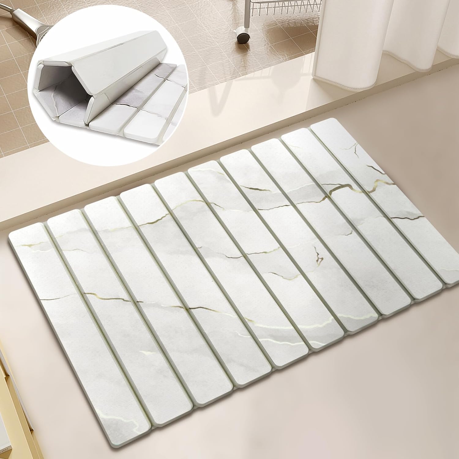 Foldable Diatomite Stone Bath Mat Quick Dry, Non-Slip Stone Bathroom Mat 23.6 x 15.3 inch, Super Absorbent Mats for Shower Dish Drying Mats for Kitchen, White