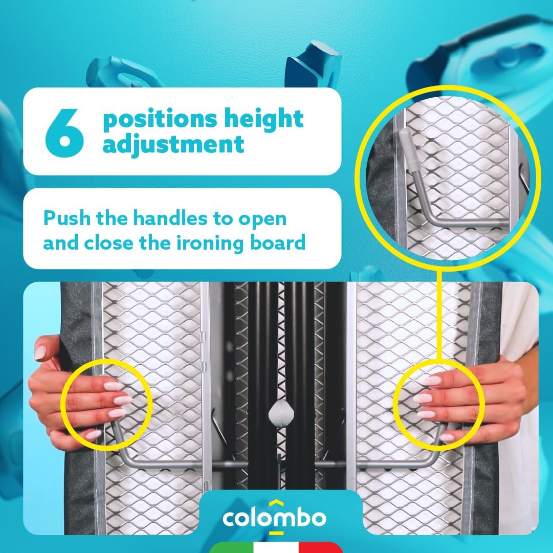 Colombo Turbo Ironing Board with Steam Generator Holder – Extra Large 47.2 x 17.3 in, Heavy-Duty Stable Frame, Height Adjustable up to 37.4 in, Foldable Ironing Table, Laundry Rack, Made in Europe