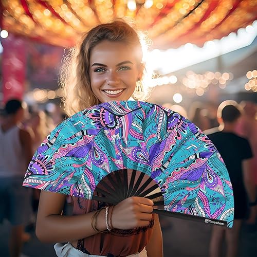 Miniatura 6 de Abanico Plegable Grande, Abanico Rave Clack de 13 Pulgadas, Abanico de Mano para Mujeres y Hombres con Tela de Satén Premium, Marco de Bambú Grueso