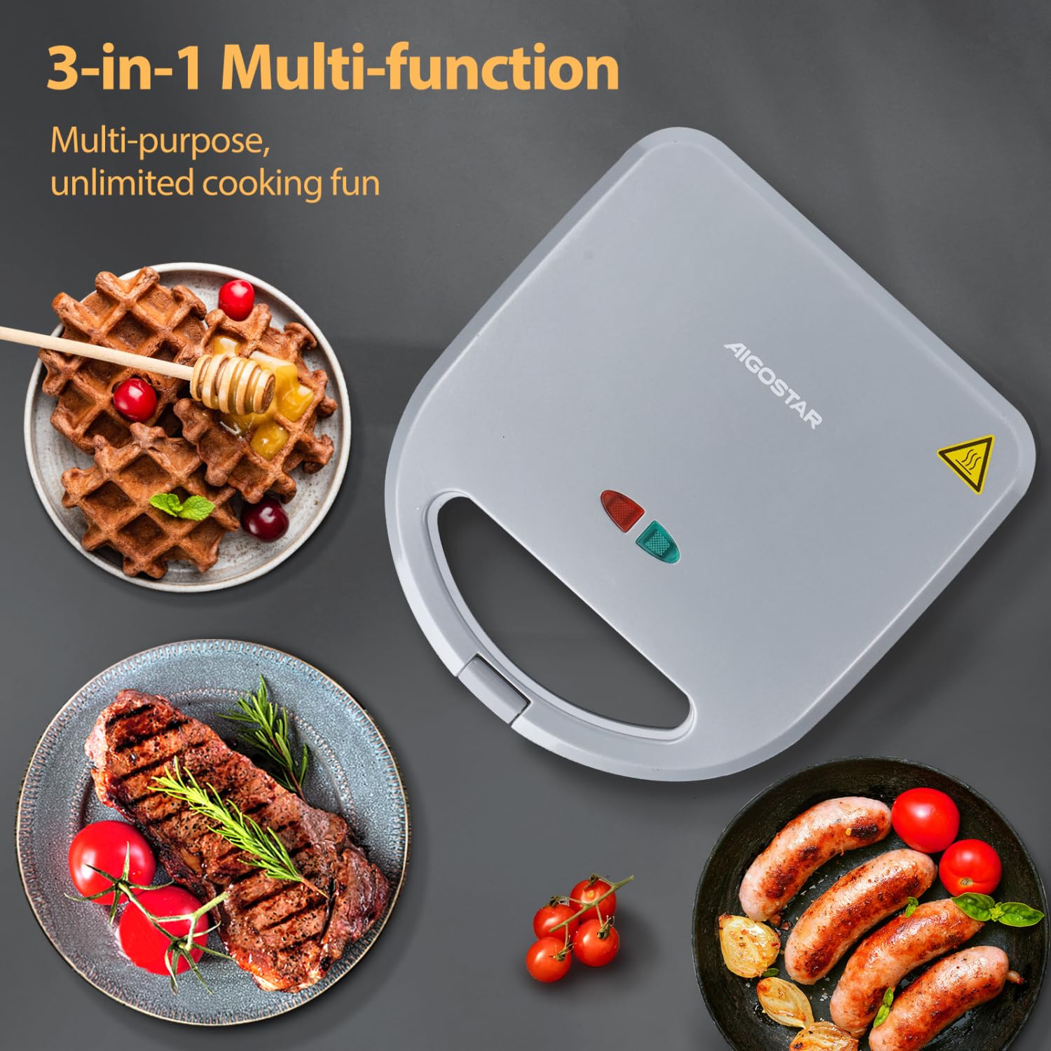 Aigostar Sandwichera 3 en 1: Sandwichera, Gofrera y Grill, 750W, 3 Placas Desmontables Antiadherentes e Intercambiables, Indicador Luminoso, Termostato, Gris, Grace