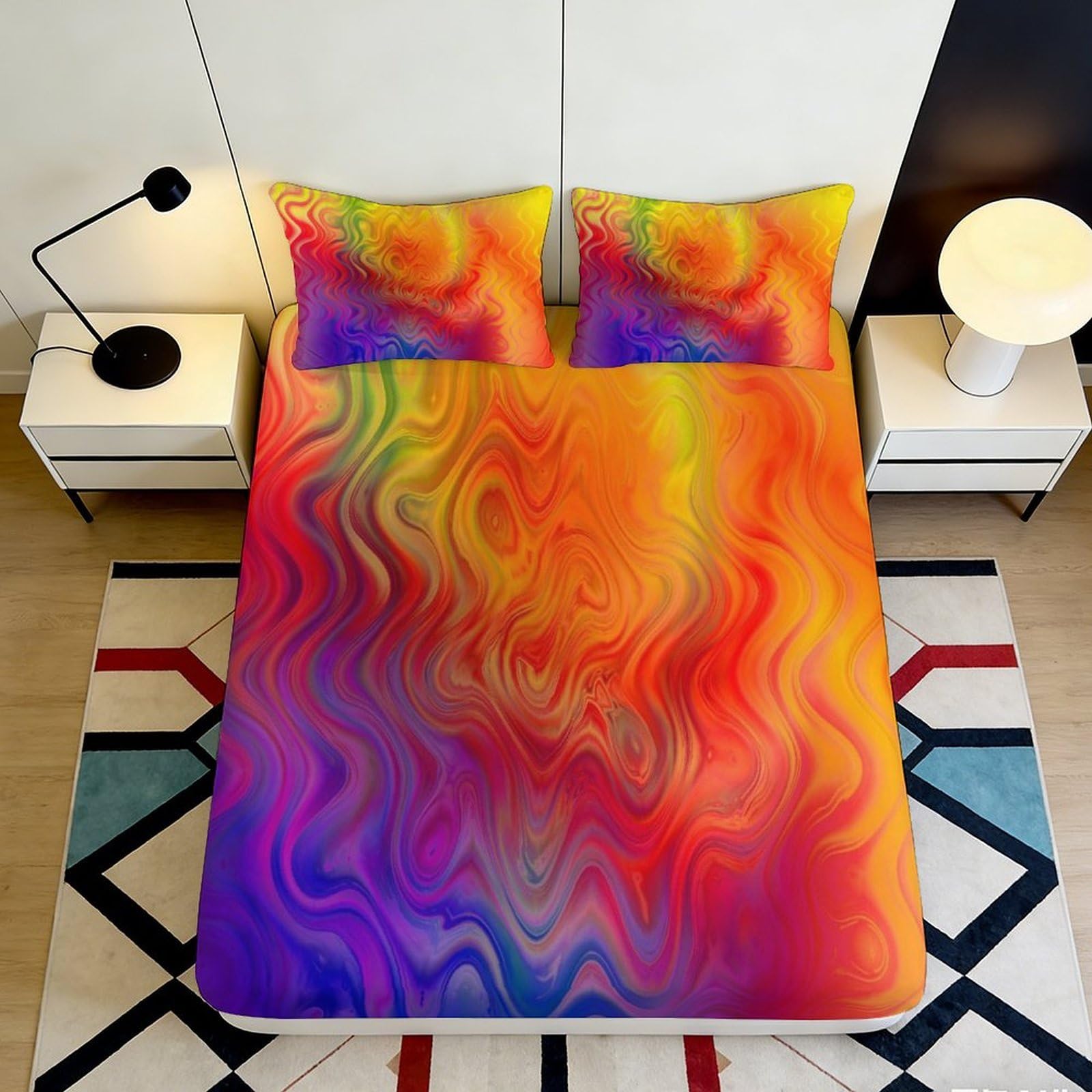 3D Printed Rainbow Swirl Fitted Sheet Microfiber Soft Vibrant Abstract Mattress Cover for Bedroom Guestroom Decor 90x200x25cm