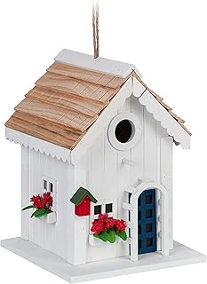 Relaxdays Decorative Bird House, Country House Style, Wood, for Hanging, H x W x D: 23.5 x 18 x 18 cm, Bird Villa for Garden, White product image