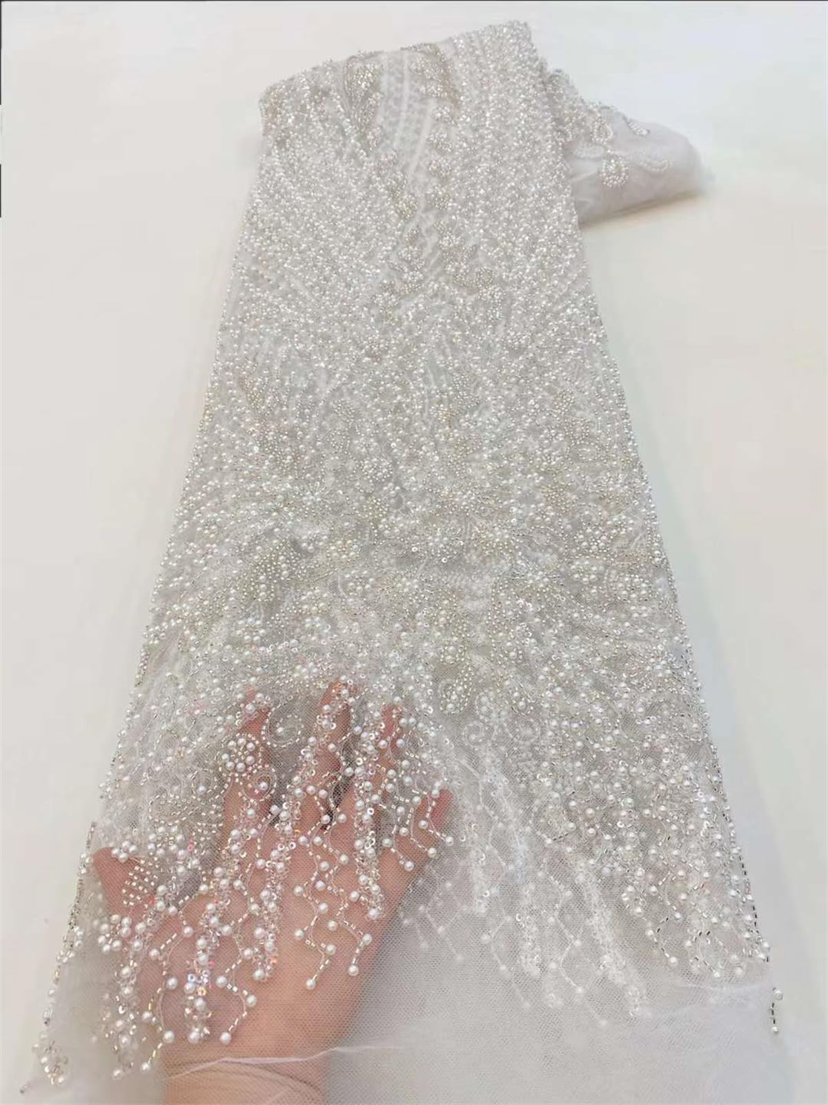 Amazon.com: Elegant Beaded Fabric with Pearls and Sequins Perfect for Formal  Dresses and Gowns (Creamy White)