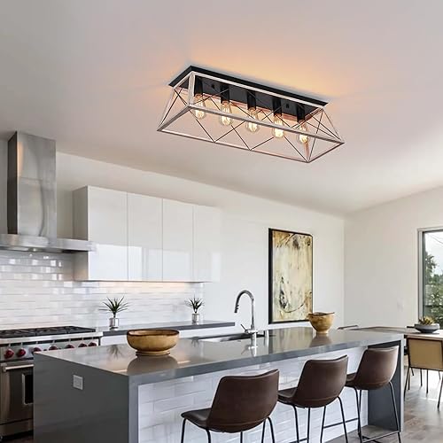 Miniatura 2 de Lámpara de techo grande de 31.5 pulgadas, diseño de jaula de metal en forma de X, regulable con 5 luces cerca del techo, estilo rústico y industrial