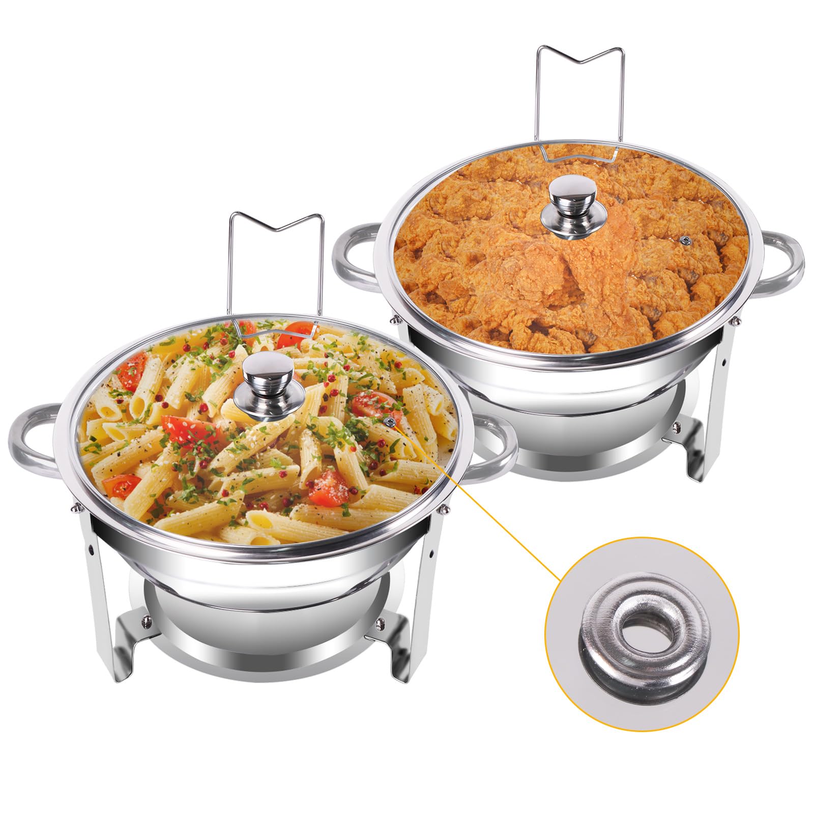 Juego de 2 platos para frotar, 5 cuartos de galón, olla redonda para mantener caliente, con tapa de vidrio y soporte, mantiene la comida caliente para fiestas, catering, boda, camping, cena