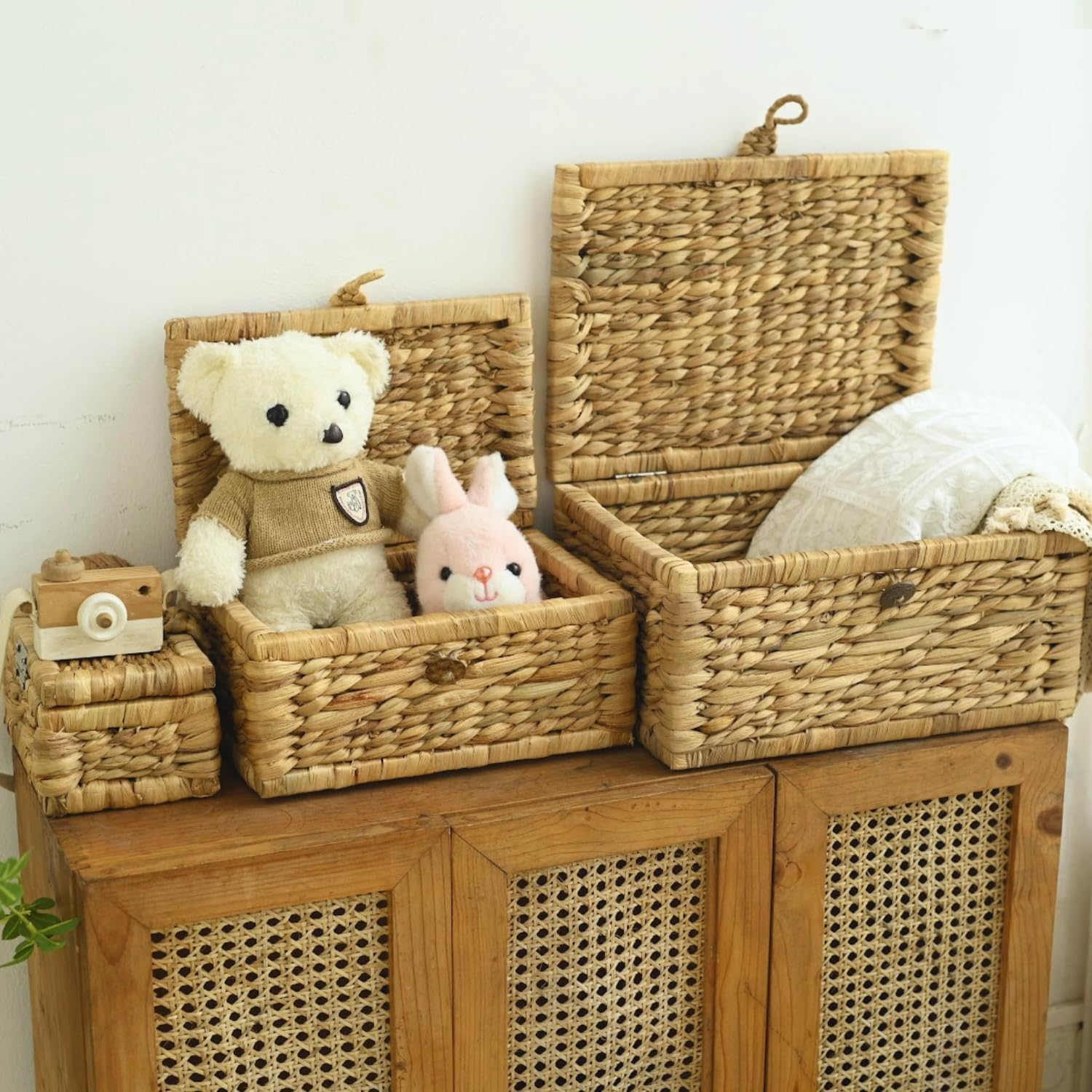 Wicker Storage Basket with Lid Set of 3 – Decorative Seagrass Boxes for Organizing Toys, Clothes & Essentials – Handwoven Natural Storage Bins for Home Decor