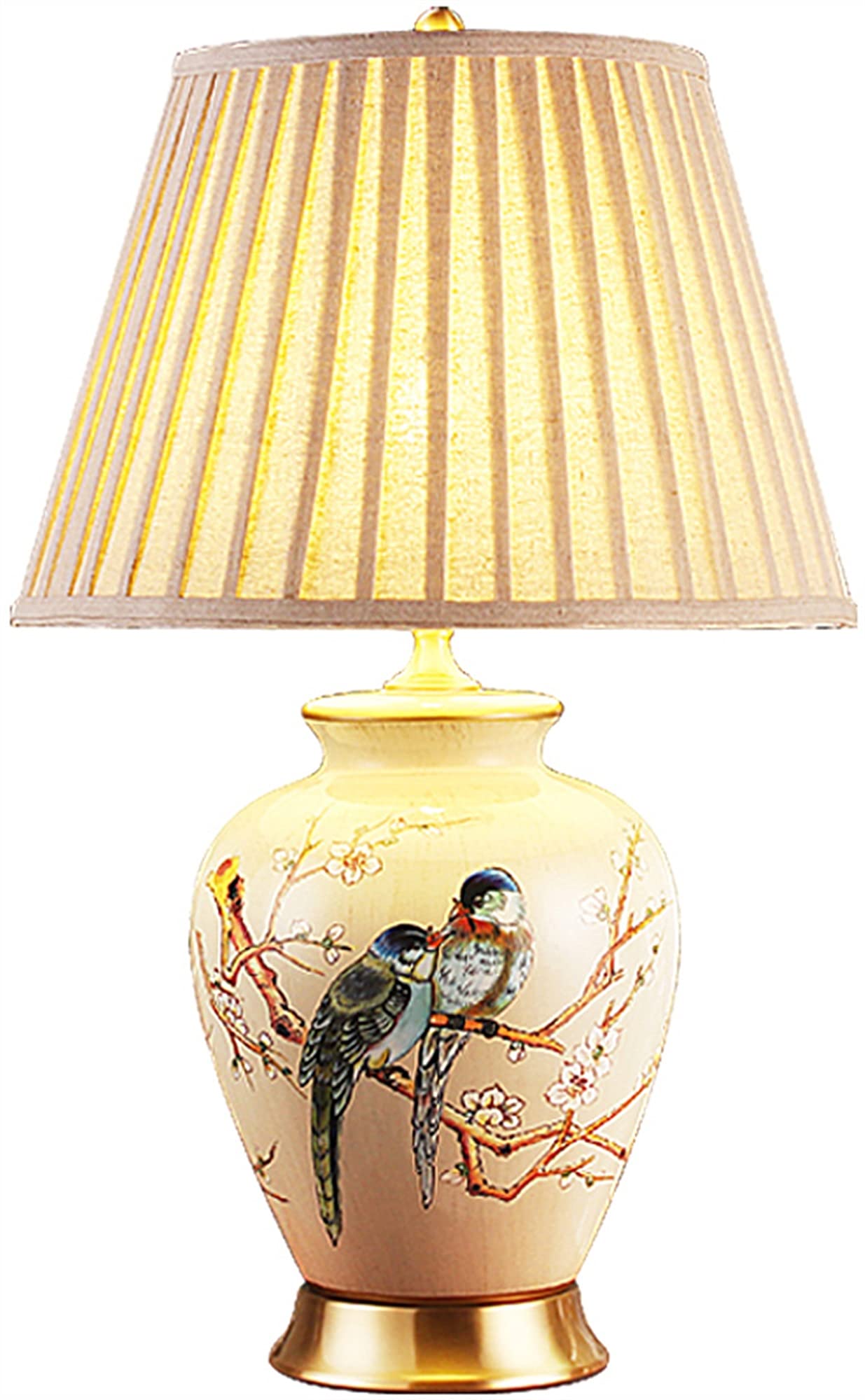 Chińska Dwustronna Lampa Stołowa Z Motywem Kwiatów I Ptaków, Ceramiczna Lampa Stołowa, Plisowany Szary Abażur Z Lnu, Mosiężna Podstawa, Lampka Nocna Do Sypialni, Salon, Sofa, Dekoracja Domu