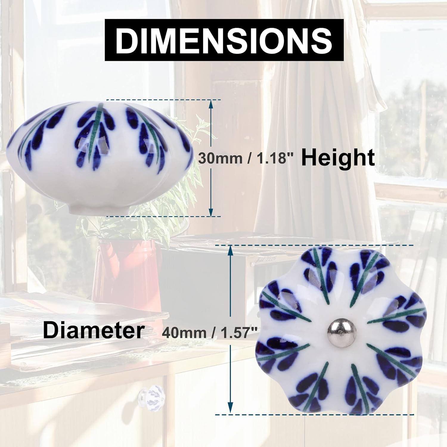Handmade Floral Decorative Drawer Knobs, White and Blue Ceramic - Pachira Macrocarpa Pattern, Set of 6 for Dresser, Cabinet, Drawers, Closets