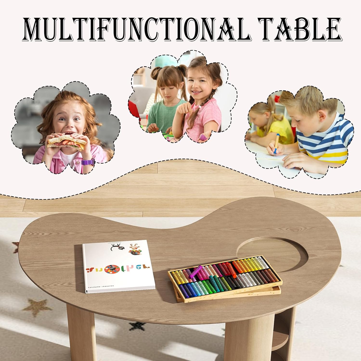 Kids Table with Storage, Kidney Desk, Half Moon Family Activity Table, Children Desk, Horseshoe Table for Bedroom, Kids Room & Play Area, Yellow