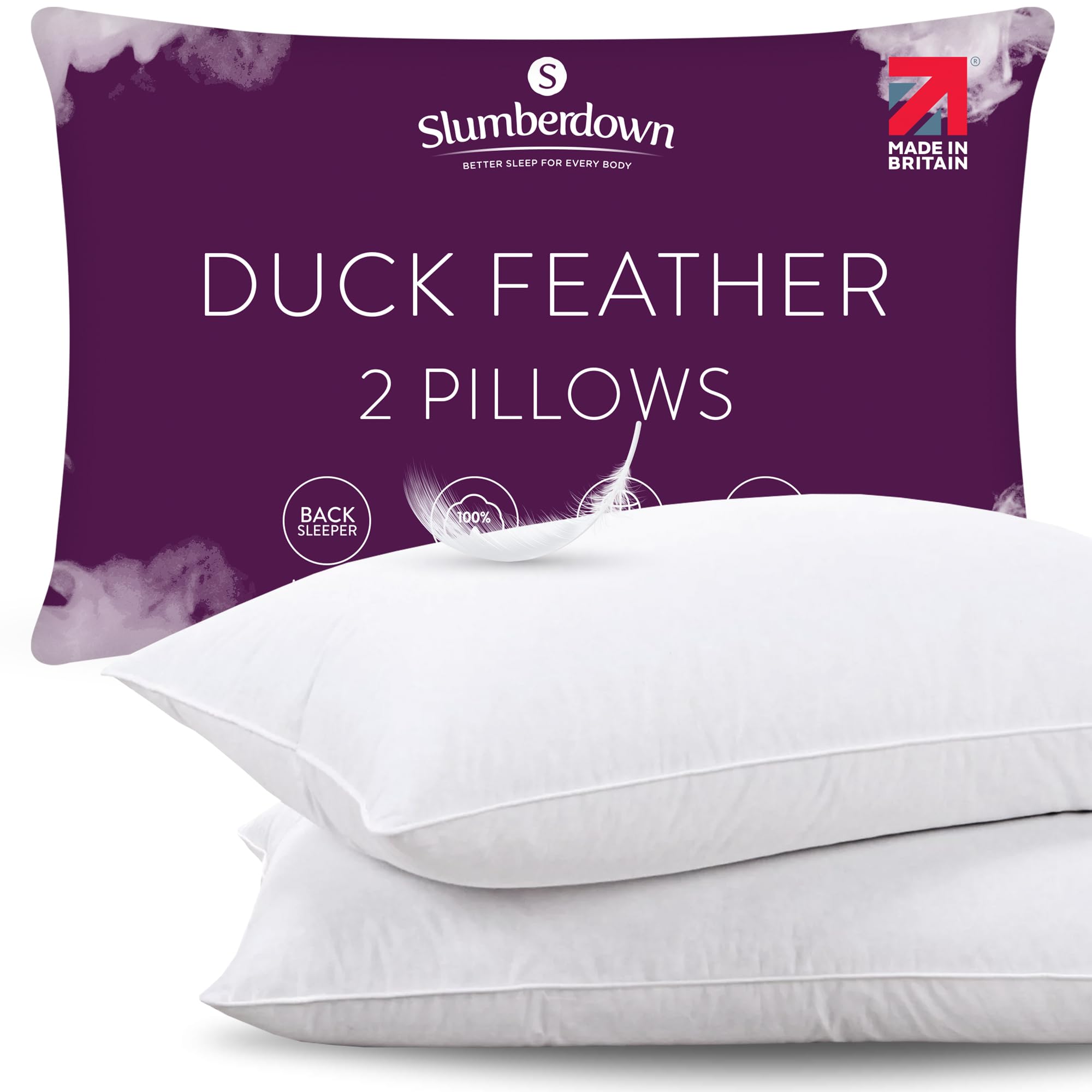 Duck Feather Pillows 2 Pack - 100% Ethically Sourced Feather Pillow for Comfort, Loft & Support | UK-Made, Soft Cotton Cover, Non-Allergenic & Washable (48 × 74cm)