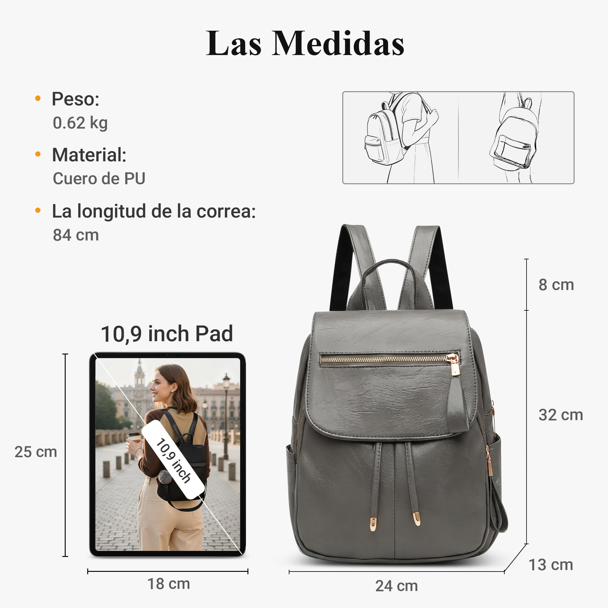 Moda Simple Mochila Mujer Diario Casual Trabajo Mochilas Elegante Bolso De Hombro Viaje Compras Escuela Cuero PU Impermeable Medio Antirrobo Bolso Bolsas De Hombro Gris