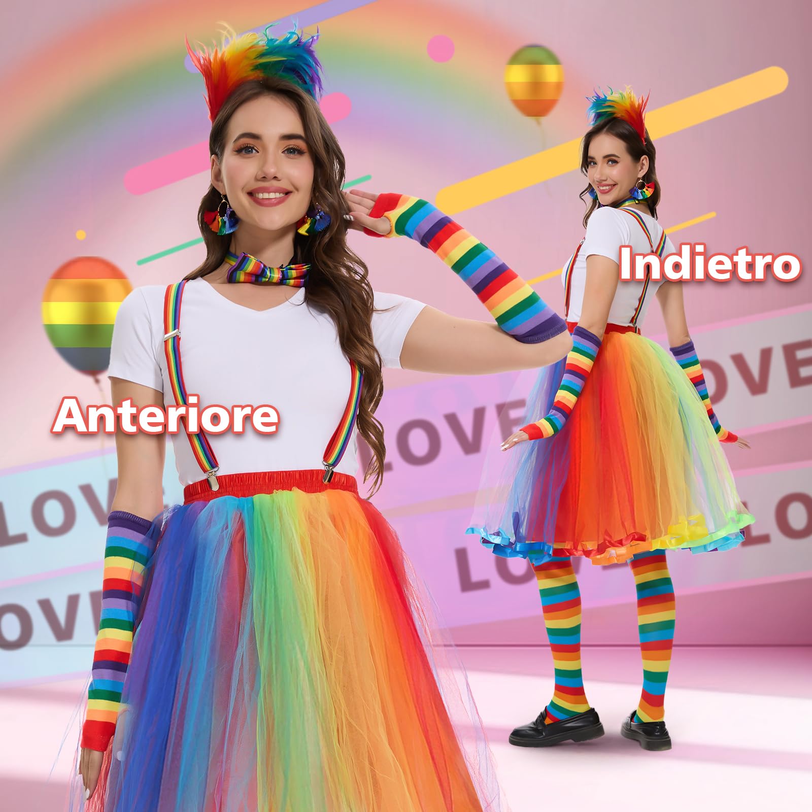 Joellfuner Gonna Arcobaleno Donna, Gonna Tulle Colorata Donna, Anni 80 Vestiti e Accessori con Tutu, Bretelle, Copricapo di Piume Colorate, Costume carnevale donna, Sfilata Dell'arcobaleno
