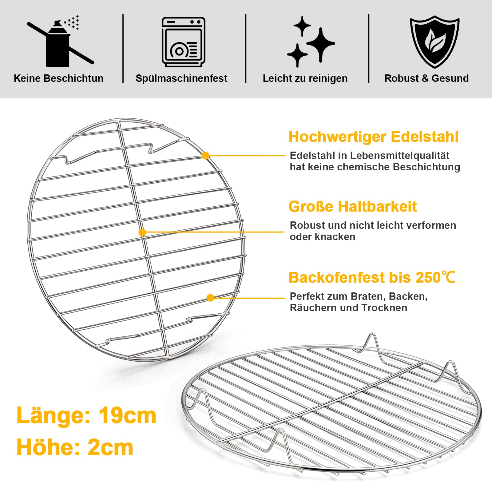 HaWare Griglia di raffreddamento rotonda, set da 2 pezzi, 100% acciaio inox, griglia di raffreddamento per cottura a vapore, ideale per pentole/forno, teglia per torte, forno e lavastoviglie (19 cm)