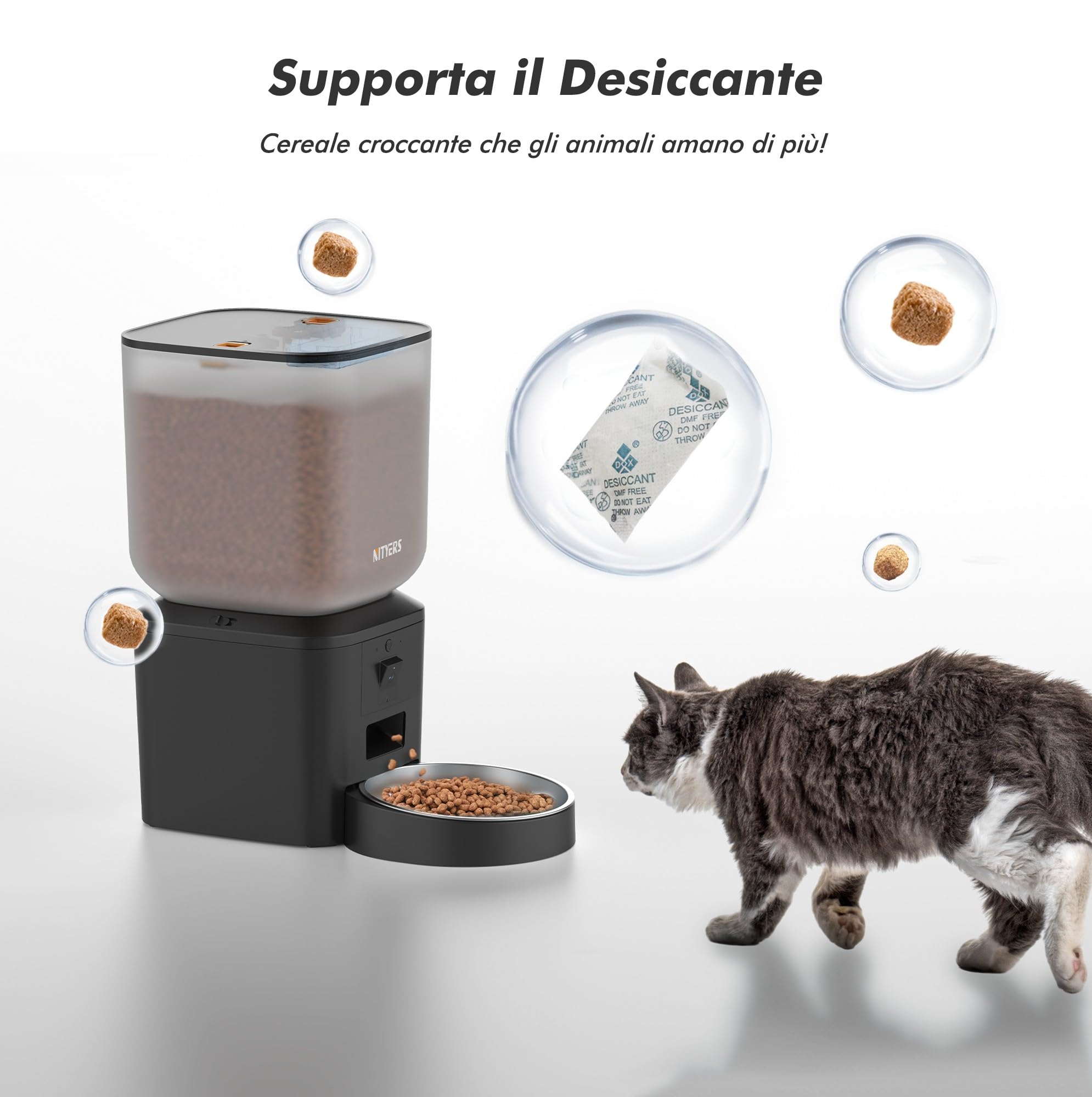 8L Distributore Automatico Cibo Gatti e Cani, Dispenser Crocchette Gatto, Fino a 50 Porzioni e 6 Pasti al Giorno, Ciotola Grande in Acciaio Inox, Alimentazione Duale, Designo Anti-Ostruzione per Cibo