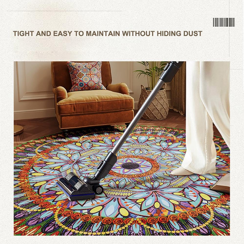Tapis Rond Salon, Moderne Boho Mandala Imprimé Tapis De Sol Décoration Antidérapant pour Chambre À Coucher, Salon, Cuisine, Décoration D'intérieur,01-140cm