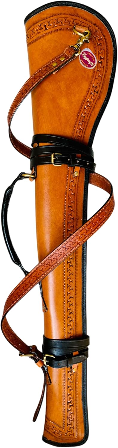 Full Grain Leather Rifle Scabbard with Fur Lining & Tooled Design Adjustable Shoulder Strap & Saddle Mounting Straps Antique Components Rounded Leather handle 33" Long Rifle cover carrying case