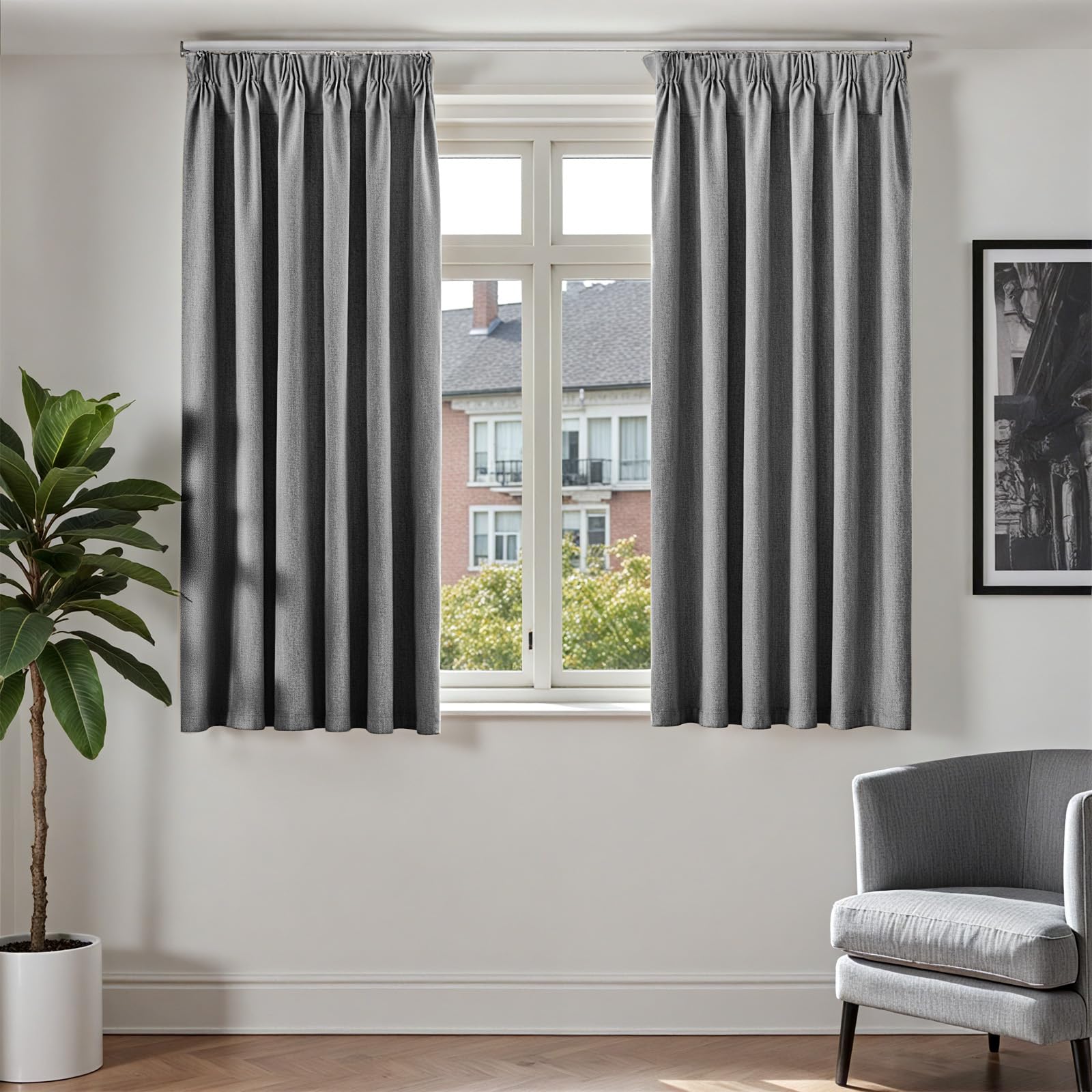 TOPICK 100% zasłona zaciemniająca, z taśmą marszczącą, 2 sztuki, 140 Lx 145H, szara | Termiczny nowoczesny design, do salonu, sypialni i biura, styl wiejskiego domu wygląd lnu