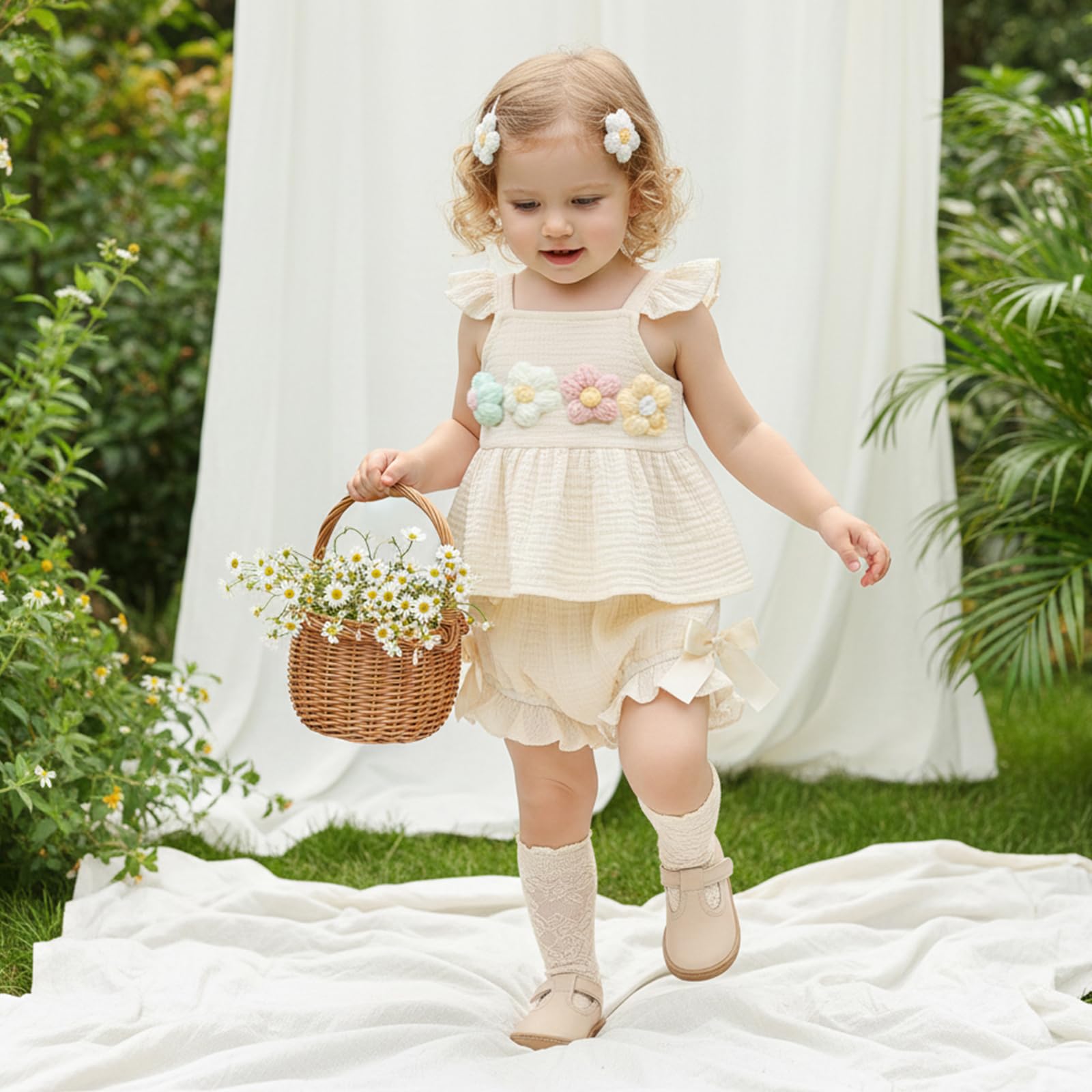 Carolilly Ensemble Bébé Fille Été 2 Pièces, Haut à Volant avec Fleurs et Culotte avec Nœuds, Tenue Florale (0-18 mois)