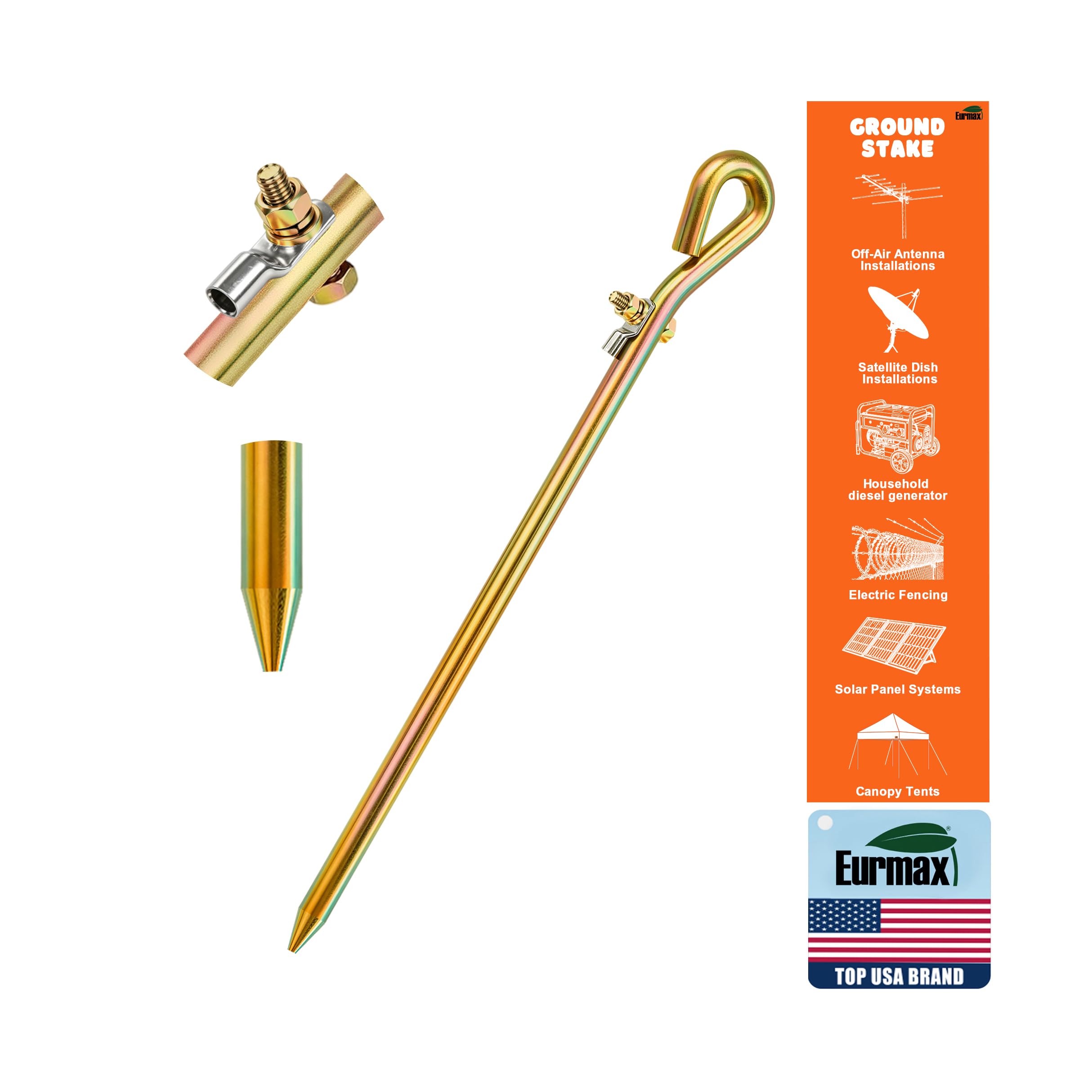 Eurmax USA Portable Ground Rod,Oval Eye Steel Grounding Stake with Wire Lug,Zinc Anti-Corrosion Finish with Tinned Copper Lug for Antennas,Electric Fences&amp;Satellite Dishes Grounding,Tie Out Stake