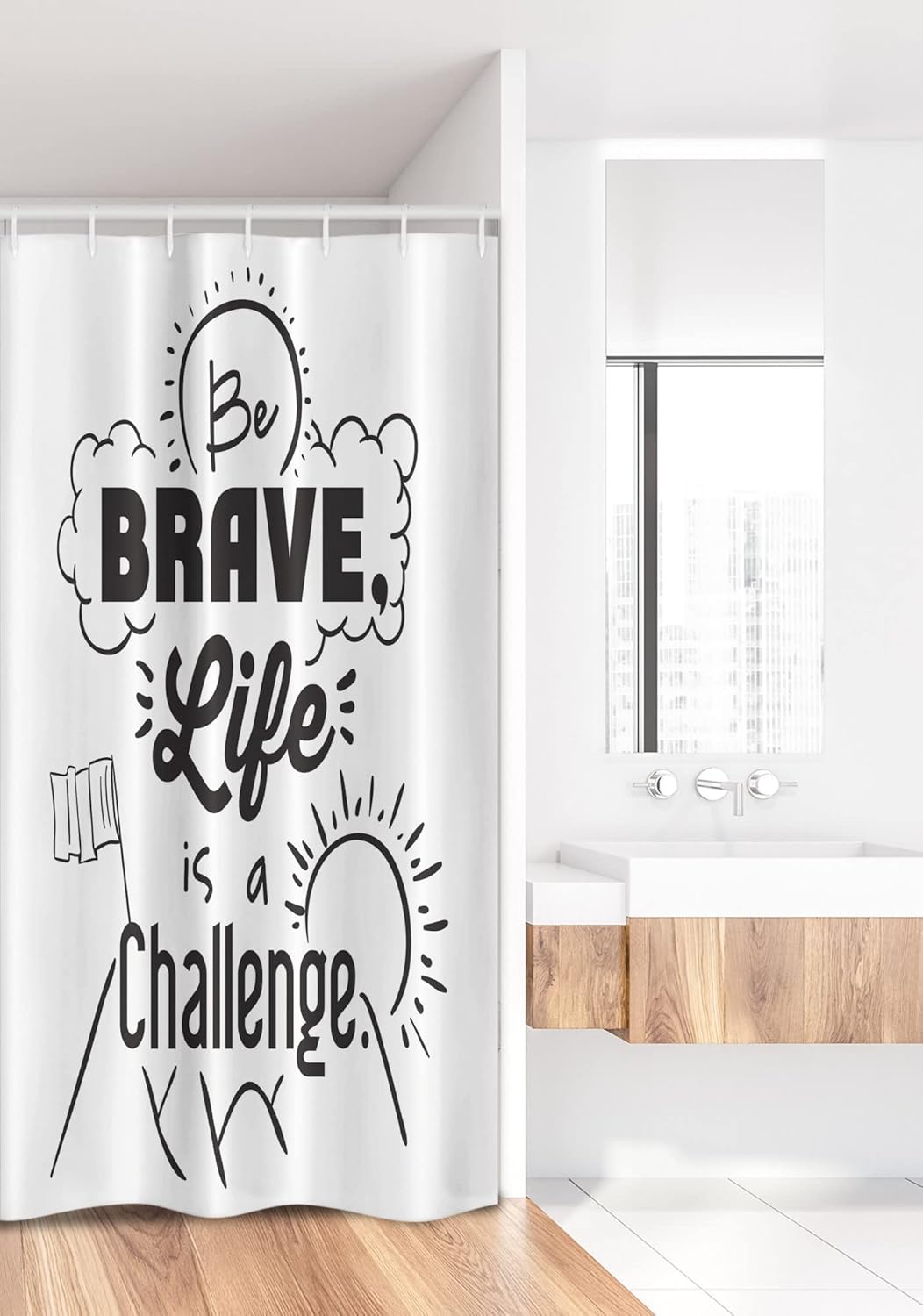 Ambesonne Saying Stall Shower Curtain, Be Brave Life is a Challenge Enduring Incentive Mountain Peak Sunrise Flag Art, Fabric Bathroom Decor Set with Hooks, 36" W x 72" L, Black White