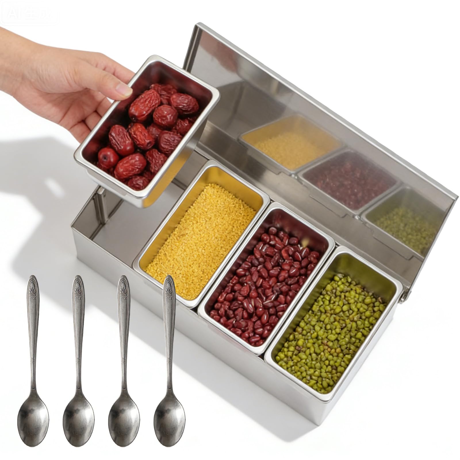 PORFOYO Contenedor de ingredientes de acero inoxidable, recipiente de ingredientes para pizza, 4 compartimentos con tapa y cuchara gruesa de pared, duradero, resistente a la corrosión, con