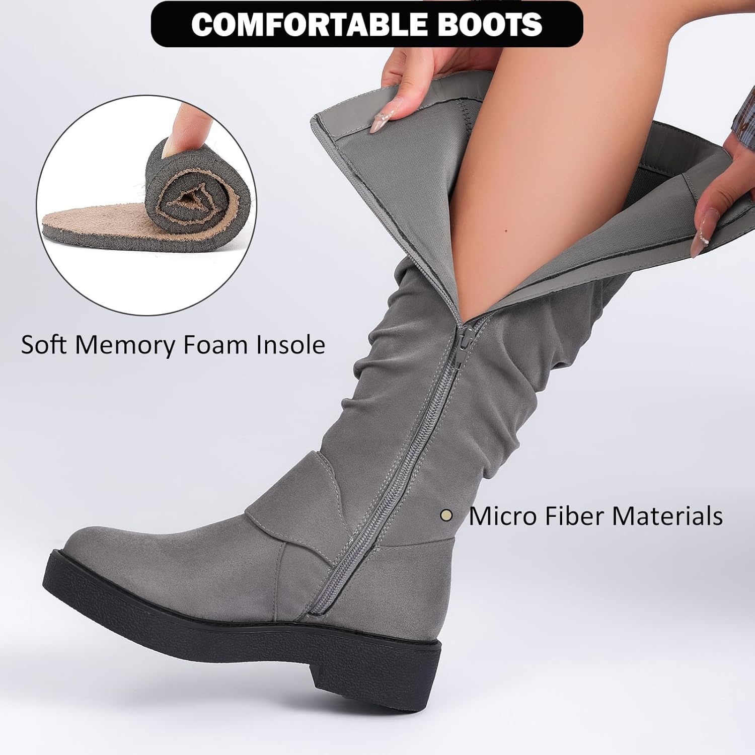 Women's Slouchy Knee High Boots Comfortable Wide Calf Platform Flat Tall Boot Stylish Round Toe Fall Winter Casual Boots for Women. - Image 4