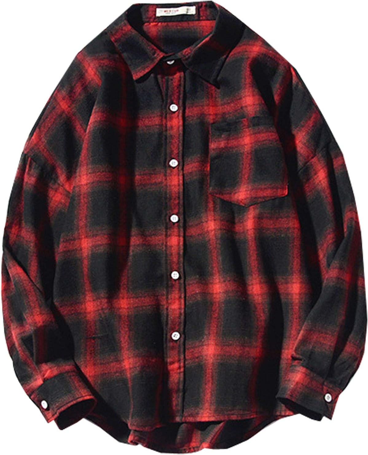 Flygo Men's Casual Button Down Shirt Plaid Long Sleeve Loose Fit Shirts Outwear (X-Large, Wine Red)