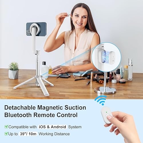 Miniatura 5 de Trípode para iPhone, trípode para selfie stick con control remoto Bluetooth, soporte retráctil de trípode de teléfono de 86.6 pulgadas, compatible