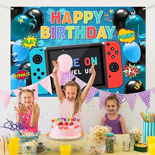 Miniatura 5 de Cartel para juegos de feliz cumpleaños: telón de fondo de videojuegos, accesorios y accesorios para fiestas de juegos
